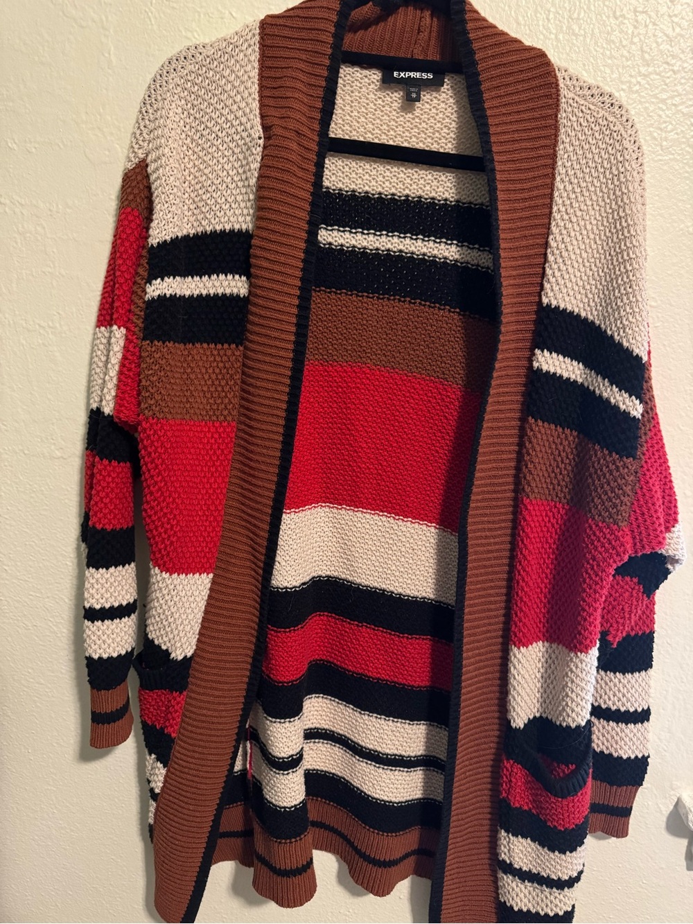 Express Women's Red, Brown & Black Striped Open Cardigan